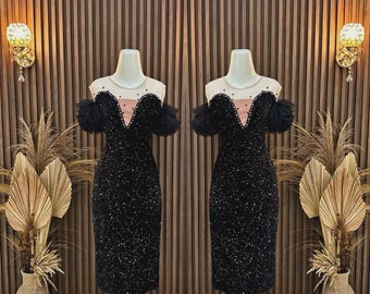 Off-shoulder midi-jurk met lovertjes – Couture formele avondjurk bruiloftsgast