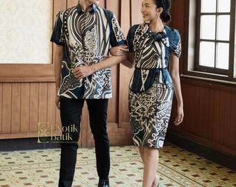 Ensemble pour couple fait main en batik - Chemise et robe assorties, vêtements indonésiens