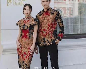 Brokaat kebaya-jurk: batikrok, geborduurde pailletten, formele moslimjurk