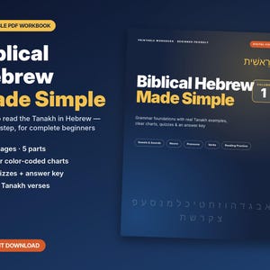 Könnte beinhalten: Ein druckbares PDF-Arbeitsbuch mit dem Titel Biblical Hebrew Made Simple Volume 1, mit einem dunkelblauen Einband, gelbem Text, hebräischen Schriftzeichen und einer Inhaltsliste mit 40 Seiten, farbcodierten Diagrammen und vier Quiz.
