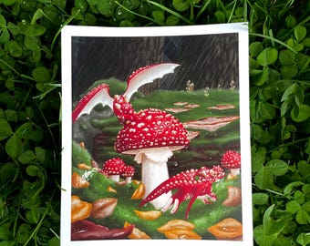 Mushroom dragon print, 4.2x4.9 inch glossy print, cute art, decor
