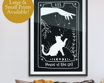 Arte mural con cartas del tarot de la academia oscura y bruja. Póster simple en blanco y negro de La casa del gato. Regalo divertido para la dueña o amante de los gatos.