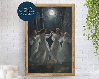 Dark academia witchy wall art. White witches under full moon at night in forest printable art for gallery wall. Witchy decor