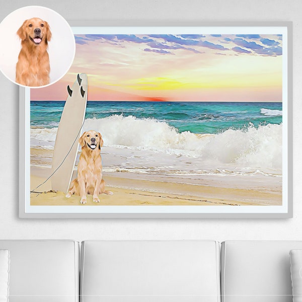 Custom dog portrait beach sunset surf. Golden retriever, German shepherd, French Bulldog canvas wall art. Dog poster print made from photo.