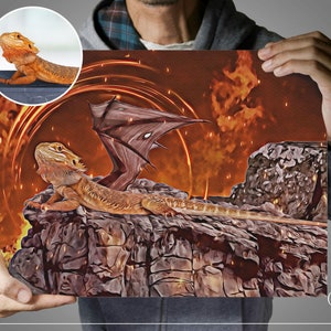 Custom bearded dragon pet portrait art. Reptile pet canvas from photo. Poster print personalized with your pet beardie. Dark gothic wall art