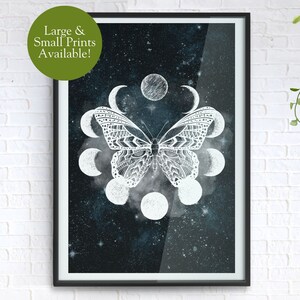 New moon beginnings wall art. Dark academia. Butterfly, moon phase ethereal decor. Blue black galaxy watercolor. Spiritual witchy aesthetic.