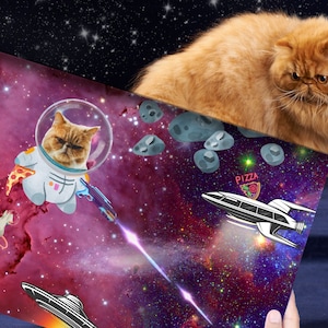 Custom Pet Portrait. Galaxy astronaut space cat. Personalized canvas wall art from photo. Funny pet Illustration drawing.
