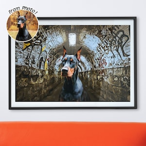Custom graffiti street art dog portrait, made from photo. Cartoon style pet portrait wall art, canvas or poster. Unique gift idea dog dad.