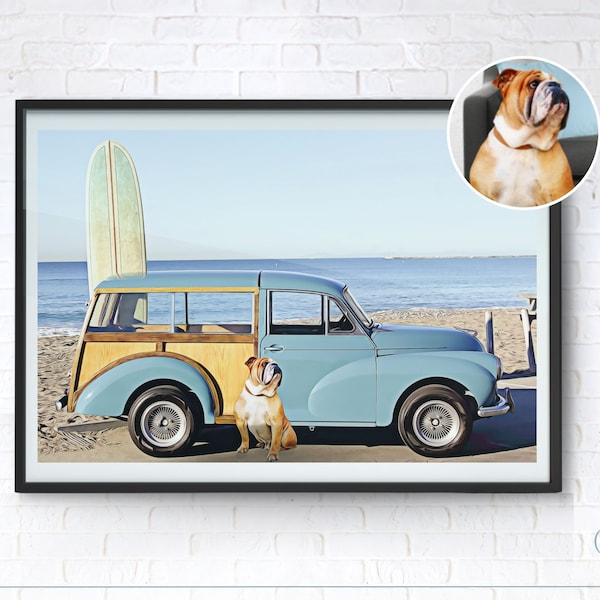 Custom dog portrait beach surf board wall art. vintage car canvas wall art. Dog poster print made from photo. Beach theme custom decor.