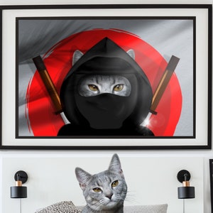 Custom pet cat portrait. Ninja Cat canvas wall art made from photo. Personalized pet face art. Funny pet custom cartoon illustration.