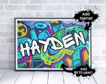 Custom graffiti name wall art sign. Colorful custom graffiti art print. Teen bedroom decor. Birthday gift for teenage boy or girl. Teal blue