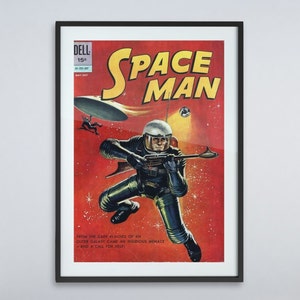 May include: A vintage comic book cover featuring a spaceman in a silver helmet and a futuristic suit, holding a weapon. The cover is red with white stars and the title "Space Man" in yellow letters. The text reads "From the dark reaches of an outer galaxy came an insidious menace - and a call for help!"