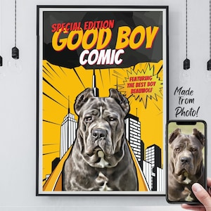 Portrait d'animal de compagnie personnalisé avec couverture de magazine de bandes dessinées. Réalisé à partir d'une photo de votre chien ou de votre chat. Idée cadeau pour les amoureux des animaux. Impressions numériques sur toile ou poster.