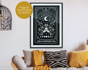 Dark academia wall art. Witchy tarot card art print. Boho Antisocial butterfly poster, modern minimalist design.  Moon phase poster print.