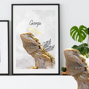 Custom bearded dragon pet portrait art. Reptile pet canvas from photo. Poster print personalized with name.