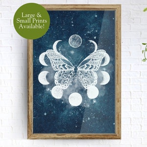 Art mural début de nouvelle lune. Un milieu universitaire sombre. Décor éthéré de papillons, phases de lune. Aquarelle galaxie bleue. Esthétique spirituelle de sorcellerie.