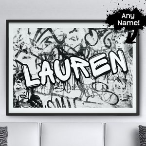Custom graffiti art name sign, canvas or poster print. Black and white contemporary street art design. Birthday gifts for teenagers.
