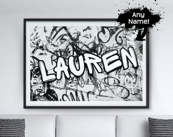 Custom graffiti art name sign, canvas or poster print. Black and white contemporary street art design. Birthday gifts for teenagers.