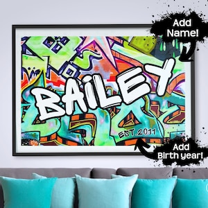 Custom graffiti wall art name sign. Colorful street art print customized with name. bedroom decor birthday gift for teenage  boy or girl.