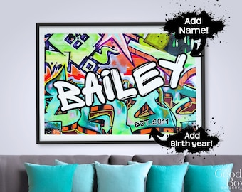 Custom graffiti wall art name sign. Colorful street art print customized with name. bedroom decor birthday gift for teenage  boy or girl.
