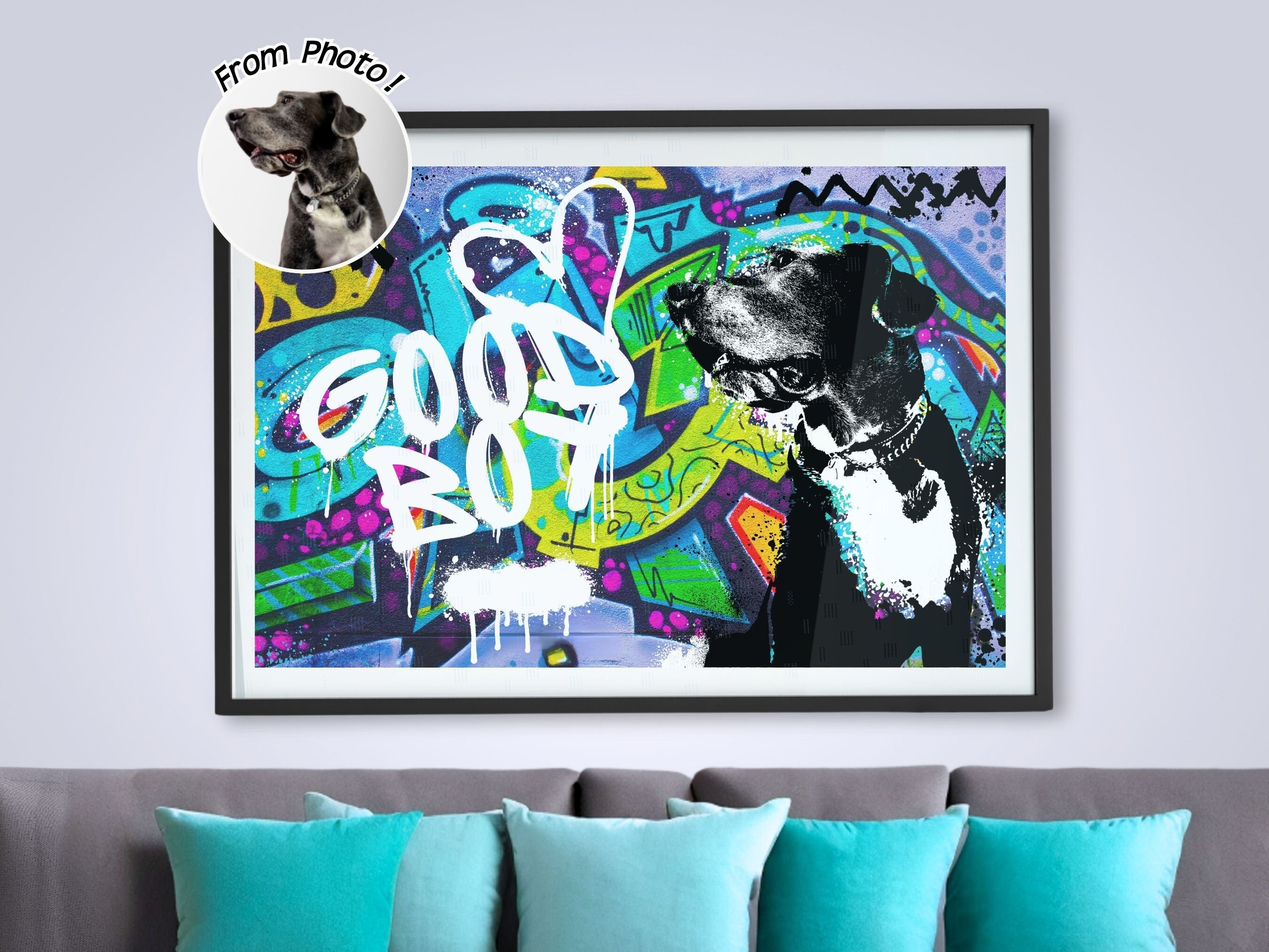 Custom graffiti pet portrait made from photo. Street art mural . Dog memorial portrait. Graffiti wall art pop art poster print or canvas.