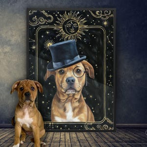Portrait d'animal de compagnie sombre personnalisé du milieu universitaire. Carte de tarot, ancienne, art mural vintage. Chien drôle, portrait de chat. Impression sur toile ou poster réalisée à partir d'une photo