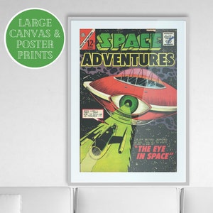 Vintage comic book large canvas wall art. 1960s space age art. Retro poster prints. Vintage illustration spaceship alien. black green red
