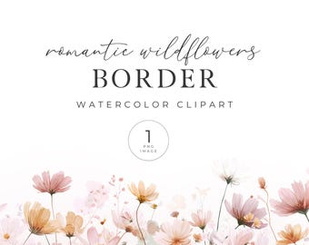 Wildflower Field Border Clipart, Pastel Wildflower Border, Watercolor Field Clipart, Transparent PNG, Instant Download, for Commercial Use