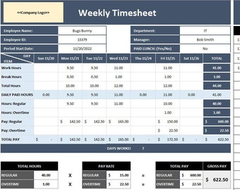 Excel Template Weekly Timesheet Customizable: Calculates Hours and Pay With Support for Shifts Excel Template Weekly Timesheet Customizable: Calculates Hours and Pay With Support for Shifts