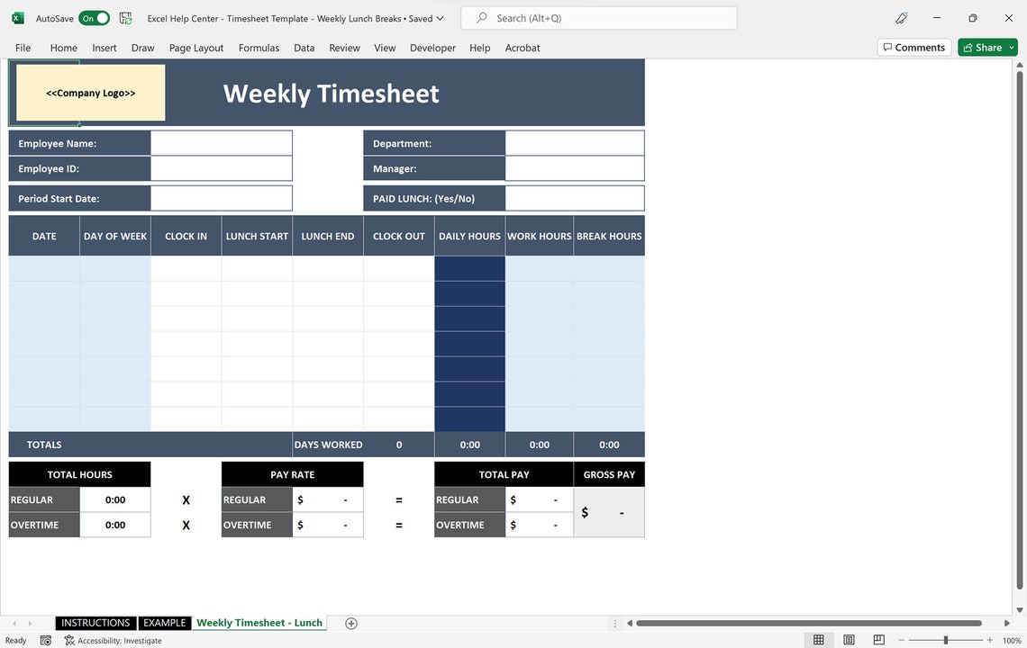 Weekly Employee Timesheet Template Excel With Lunch Breaks and