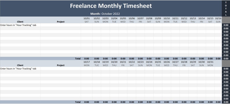 Freelance Monthly Hour Tracker With Timesheet Report Microsoft Excel ...