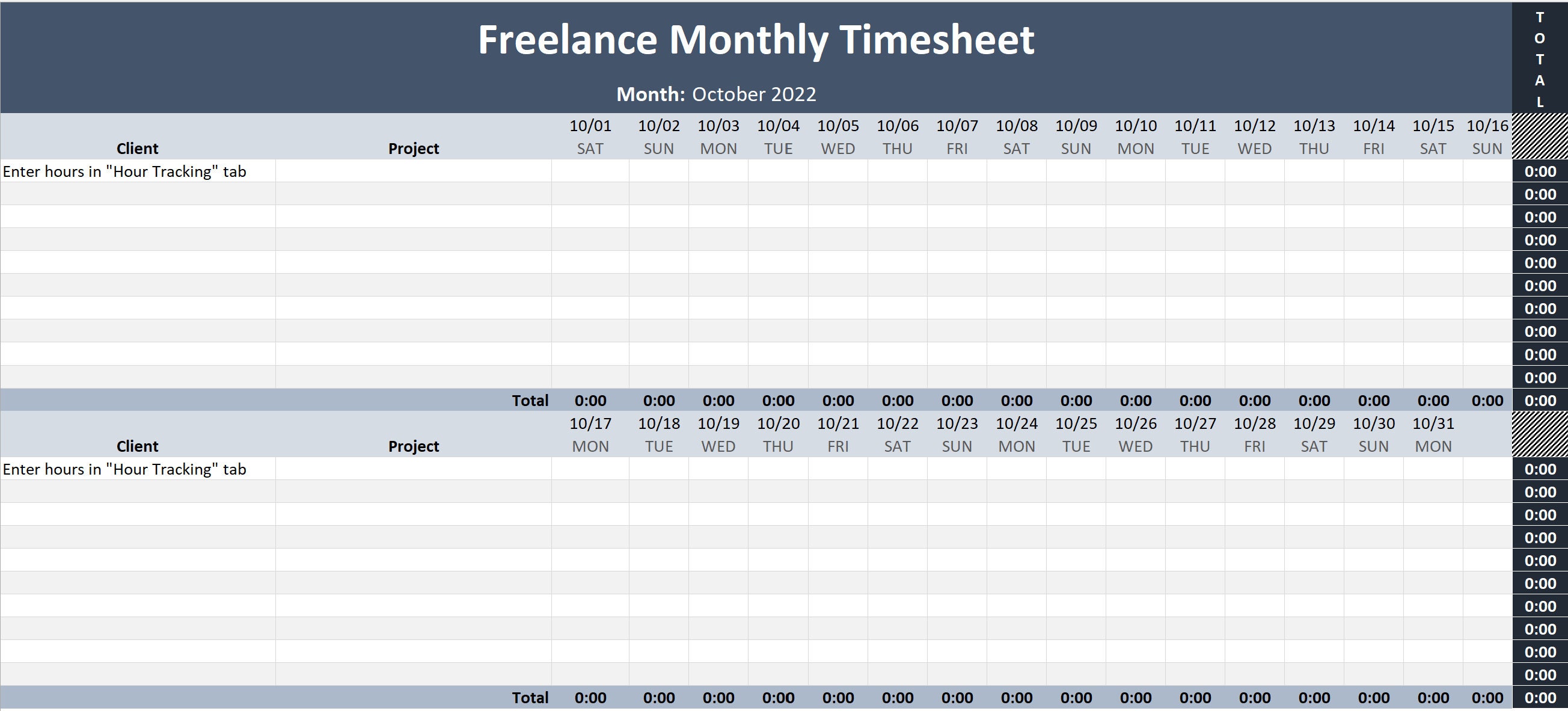 Freelance Monthly Hour Tracker With Timesheet Report Microsoft Excel ...
