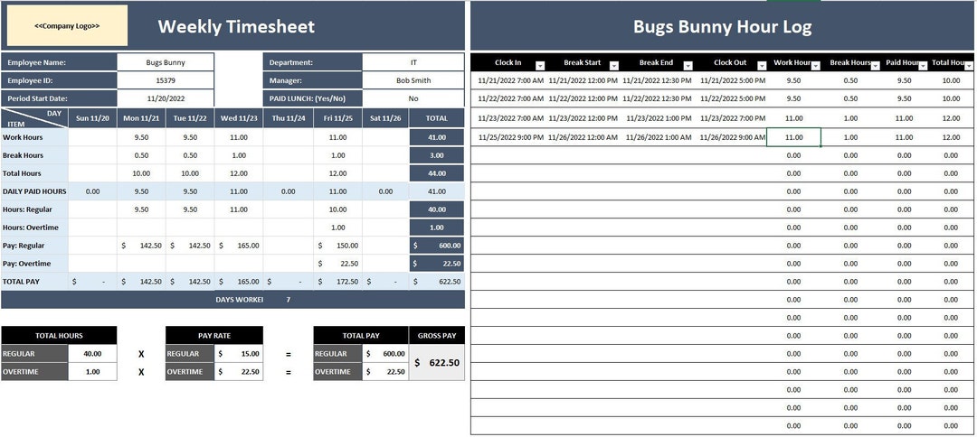 Excel Template Weekly Timesheet Customizable: Calculates Hours and Pay ...