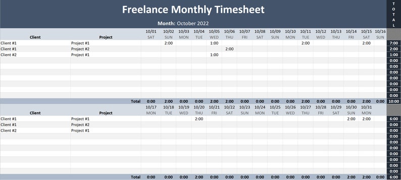 Freelance Monthly Hour Tracker With Timesheet Report Microsoft Excel ...