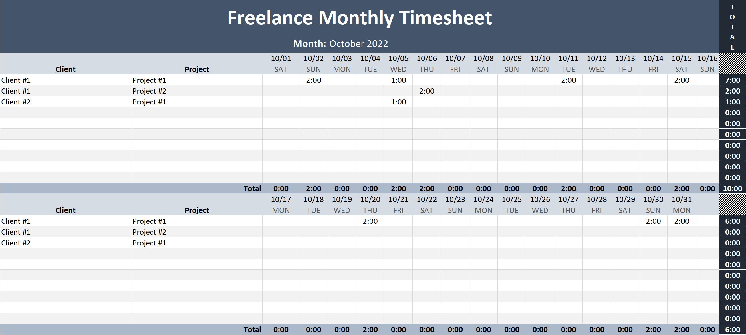 Freelance Monthly Hour Tracker With Timesheet Report Microsoft Excel ...