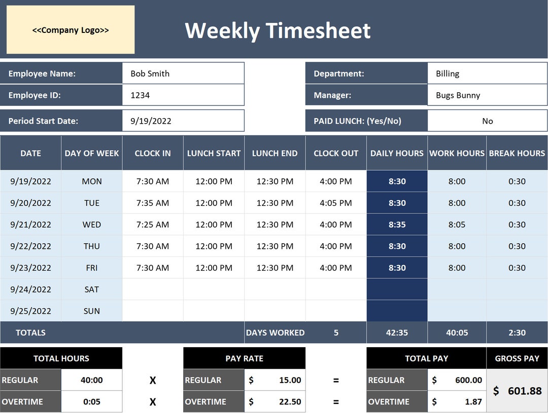 Weekly Employee Timesheet Template Excel With Lunch Breaks And Etsy weekly-employee-timesheet-template-excel-with-lunch-breaks-and-etsy