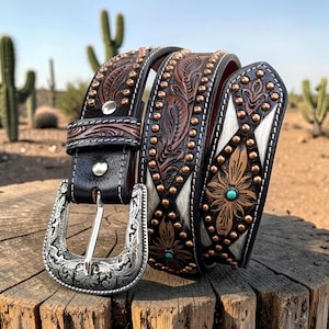 Women's Western Belt Hair On Hide, Turquoise & Copper Studded Cowgirl Belt, Floral Tooled Boho Belt, Personalized Handmade Western Gift