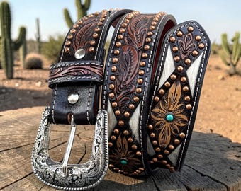 Ceinture western pour femmes sur peau cuirassée, ceinture cowgirl cloutée turquoise et cuivre, ceinture bohème repoussée florale, cadeau western fait main personnalisé