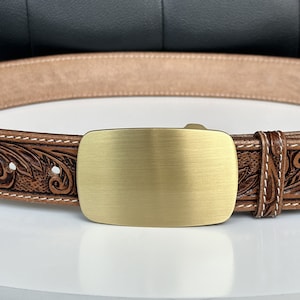 Western Leather Belt for Men Personalized Tooled Belt with Western Brass Buckle Men’s Cowboy Engraved Buckle Full Grain Leather Belt 1.5&quot;