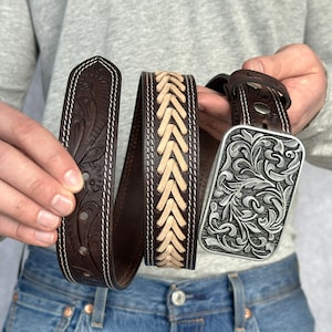 Western Full Grain Embossed Leather Belt with Cowboy Handmade Steel Buckle for Men Tooled Belt Personalized Men’s Cowboy Rodeo Engraved 1.5&quot;