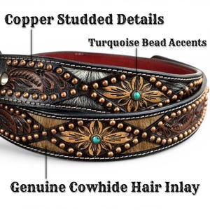 May include: Close-up of two leather belts with copper studded details and turquoise bead accents. The belts feature genuine cowhide hair inlays and floral designs. The text on the image reads "Copper Studded Details", "Turquoise Bead Accents", and "Genuine Cowhide Hair Inlay".