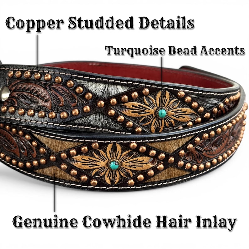 May include: Close-up of two leather belts with copper studded details and turquoise bead accents. The belts feature genuine cowhide hair inlays and floral designs. The text on the image reads "Copper Studded Details", "Turquoise Bead Accents", and "Genuine Cowhide Hair Inlay".