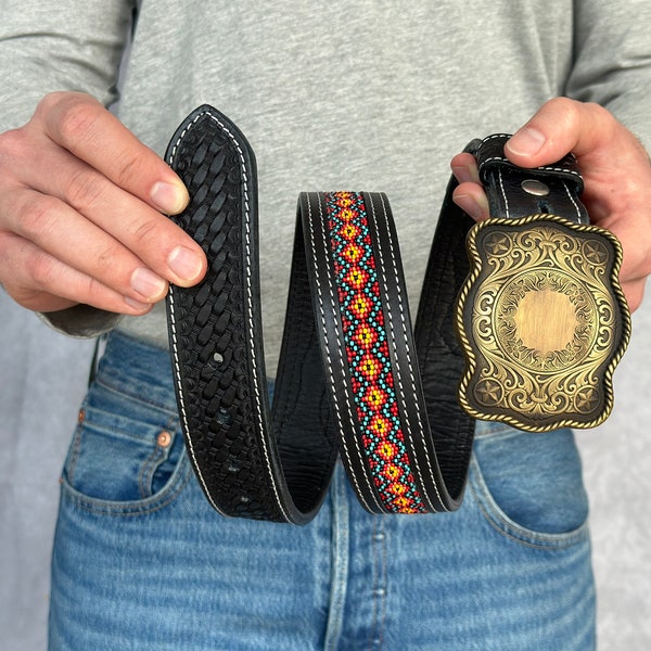 Western Tooled Leather Belt for Men with Western Handmade Brass Buckle Personalized Men’s Cowboy Engraved Rodeo Full Grain Leather Belt 1.5"