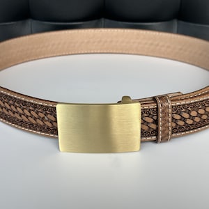 Western Men&#39;s Leather Belt Tooled with Cowboy Handmade Brass Buckle Belt Personalized Men’s Cowboy Rodeo Engraved 1.5&quot; Full Grain Leather