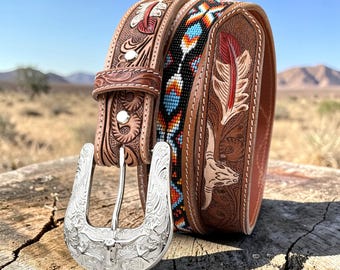 Handmade Men's Western Leather Belt Tooled Cowboy Belt Beaded Inlay Longhorn Skull & Feather Design Personalized Rodeo Father's Day Gift