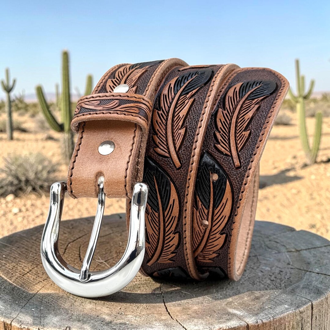 Hand Tooled Feather Leather Belt, Western Cowboy & Cowgirl Belt, Full ...
