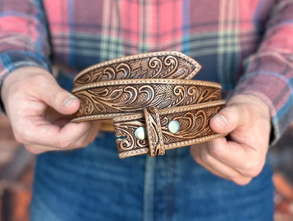 Western Leather Belt for Men Embossed Tooled Strap Genuine Full Grain Leather without Buckle Men’s Cowboy Rodeo Engraved Belt Strap 1.5"