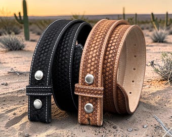 Men’s Western Leather Belt Strap 1.5” Full Grain Cowhide Basketweave Tooled Cowboy Belt Snap-On Black or Brown Western Gift