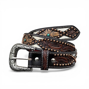 Women's Western Belt Hair On Hide, Turquoise & Copper Studded Cowgirl Belt, Floral Tooled Boho Belt, Personalized Handmade Western Gift image 1