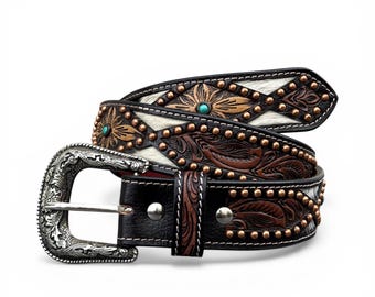 Women's Western Belt Hair On Hide, Turquoise & Copper Studded Cowgirl Belt, Floral Tooled Boho Belt, Personalized Handmade Western Gift